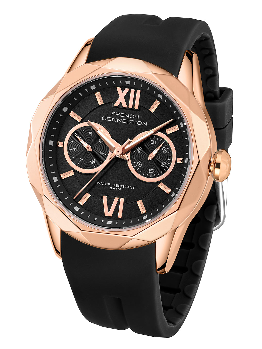 French Connection Octyra | Multi-Function | Rose Gold Case | Black Silicone Strap | Watch for Women - FCD6B