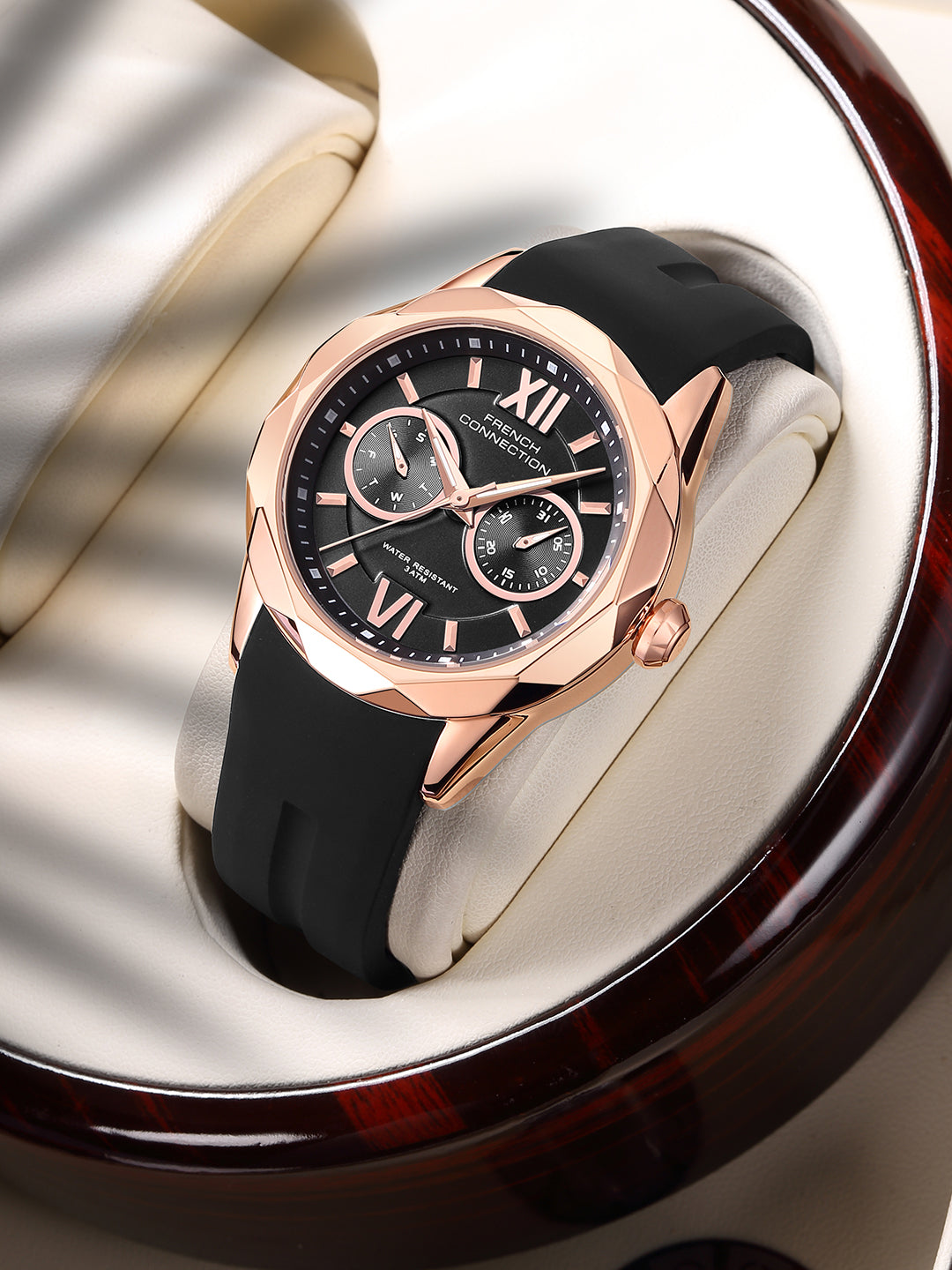 French Connection Octyra | Multi-Function | Rose Gold Case | Black Silicone Strap | Watch for Women - FCD6B