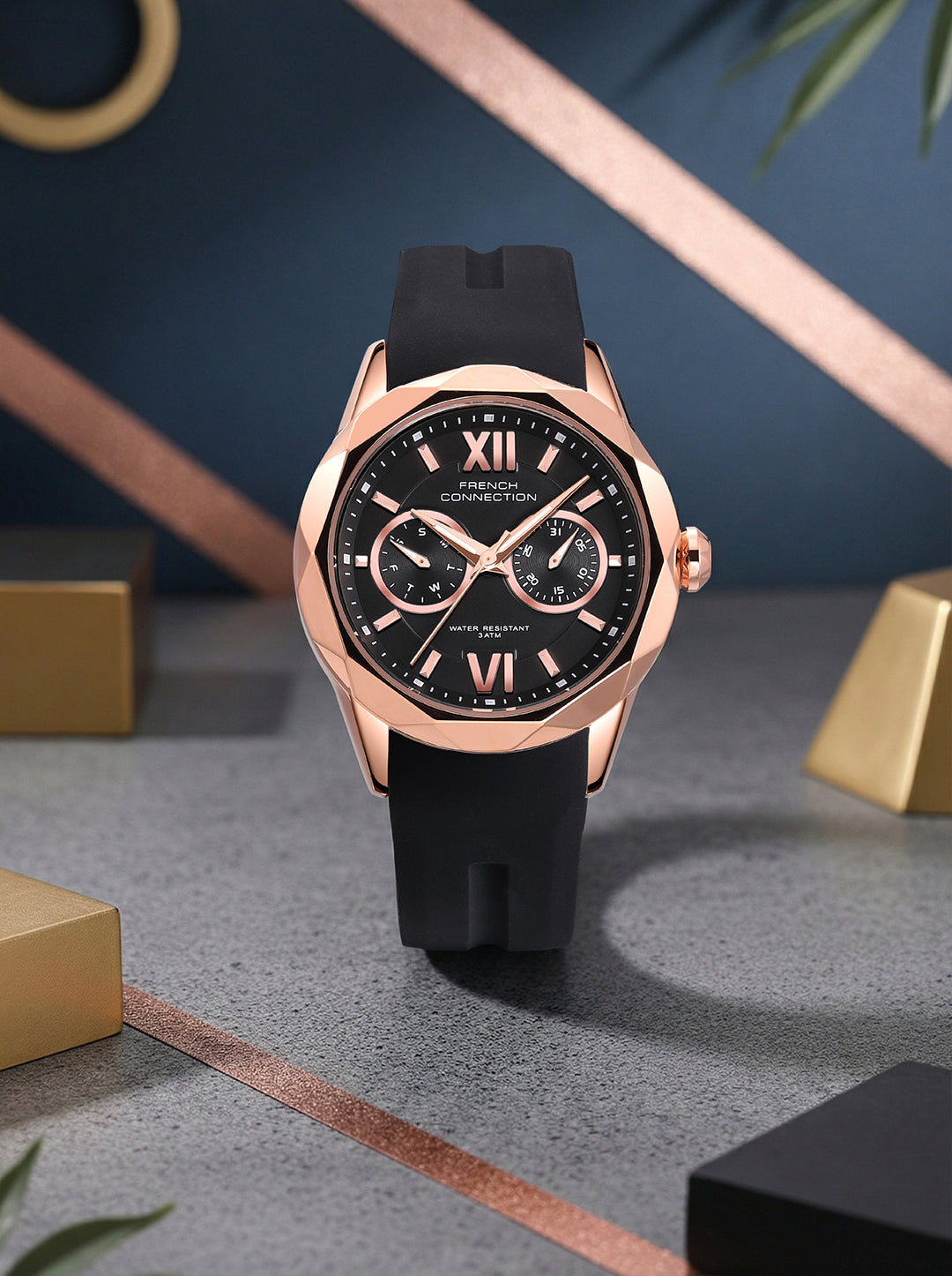French Connection Octyra | Multi-Function | Rose Gold Case | Black Silicone Strap | Watch for Women - FCD6B