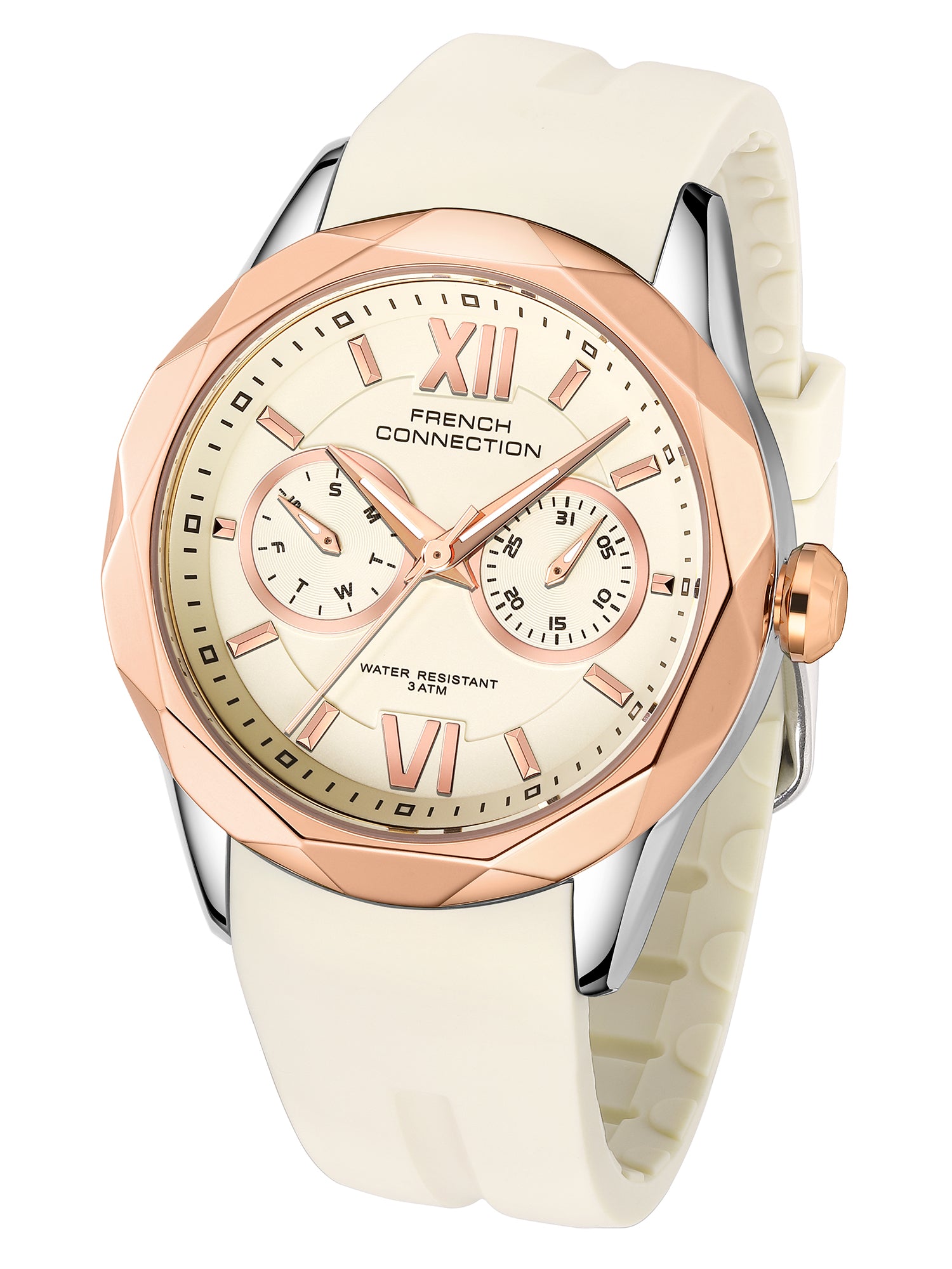 French Connection Octyra | Multi-Function | White Dial | Beige Silicone Strap | Watch for Women - FCD6G