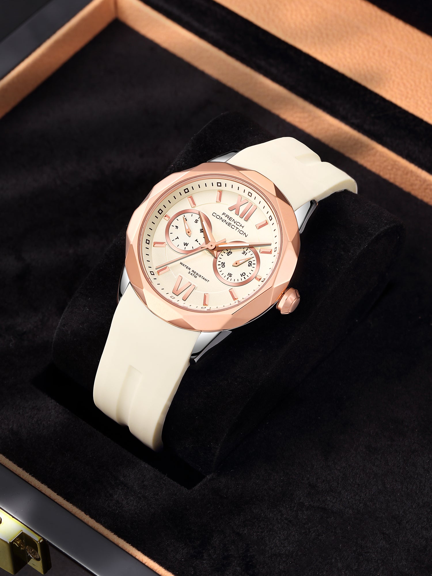 French Connection Octyra | Multi-Function | White Dial | Beige Silicone Strap | Watch for Women - FCD6G