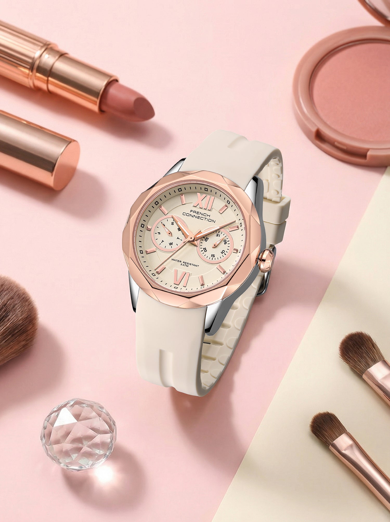 French Connection Octyra | Multi-Function | White Dial | Beige Silicone Strap | Watch for Women - FCD6G