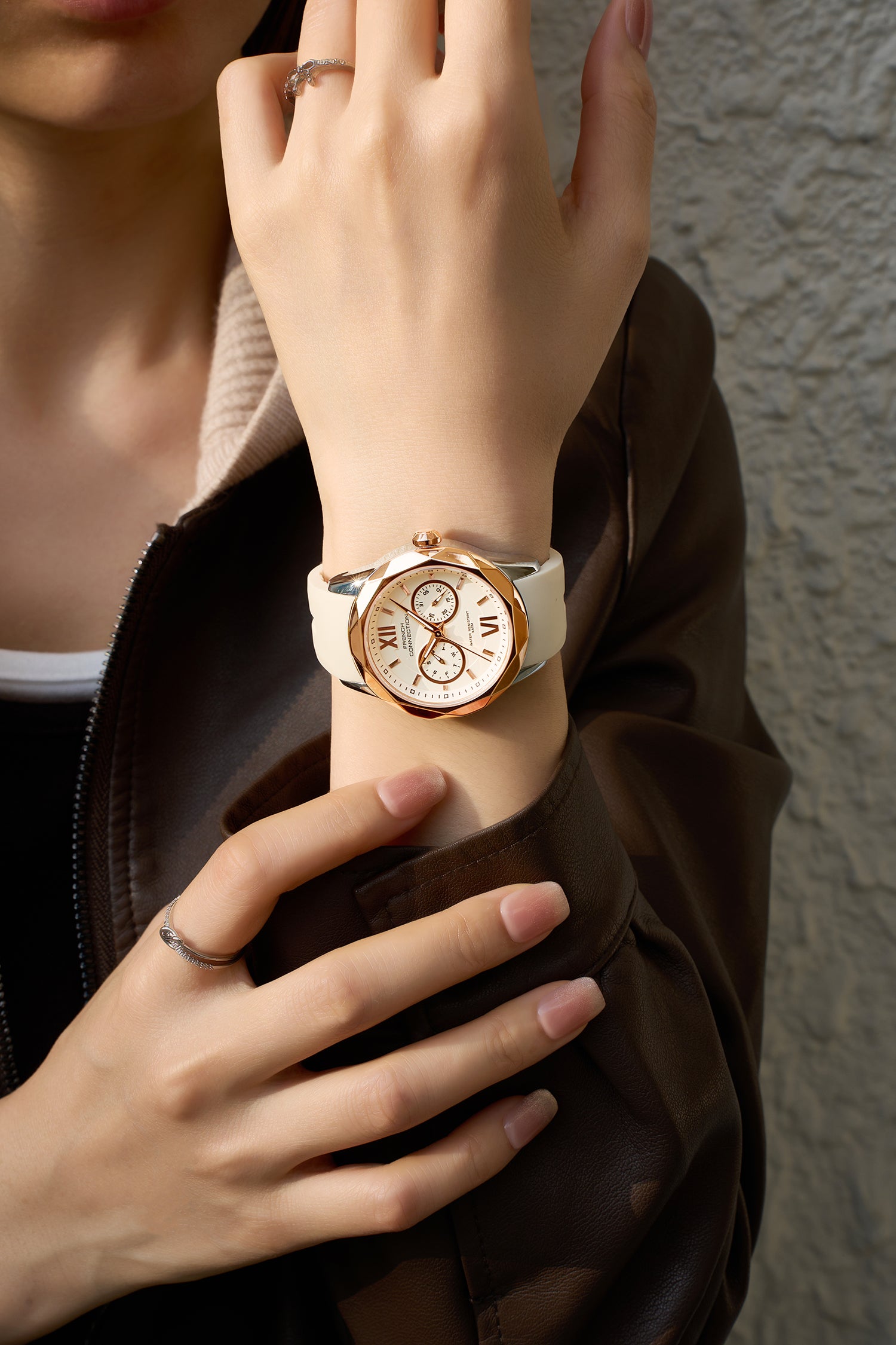 French Connection Octyra | Multi-Function | White Dial | Beige Silicone Strap | Watch for Women - FCD6G