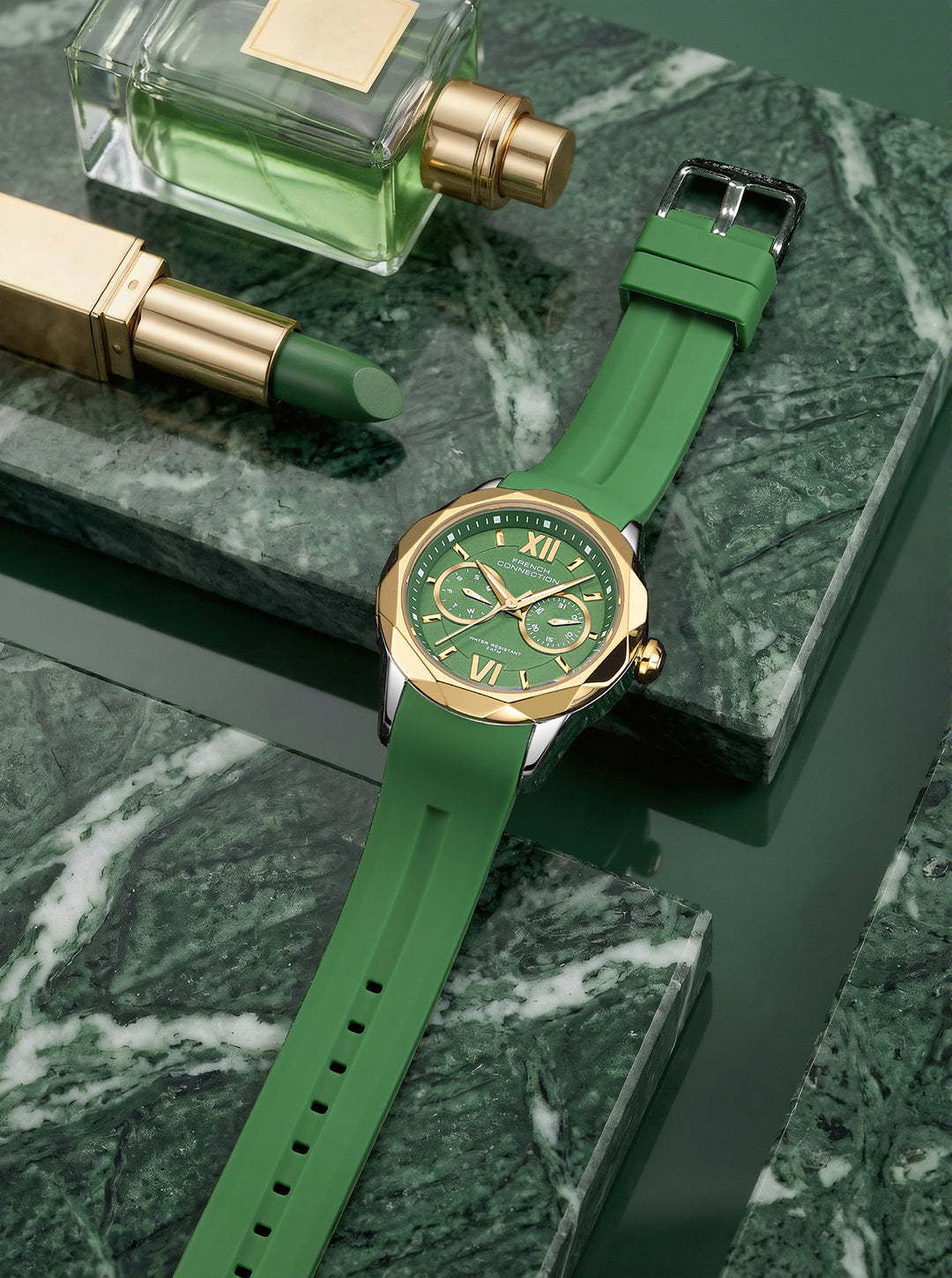 French Connection Octyra | Multi-Function | Green Dial | Green Silicone Strap | Watch for Women - FCD6N