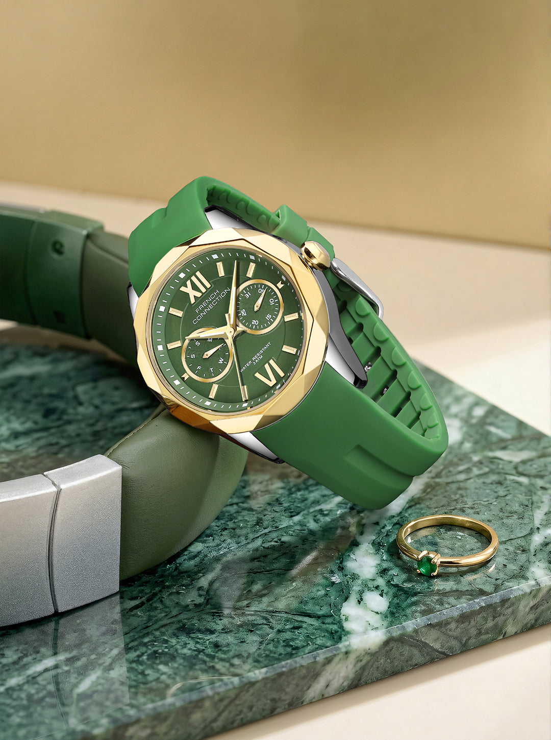 French Connection Octyra | Multi-Function | Green Dial | Green Silicone Strap | Watch for Women - FCD6N