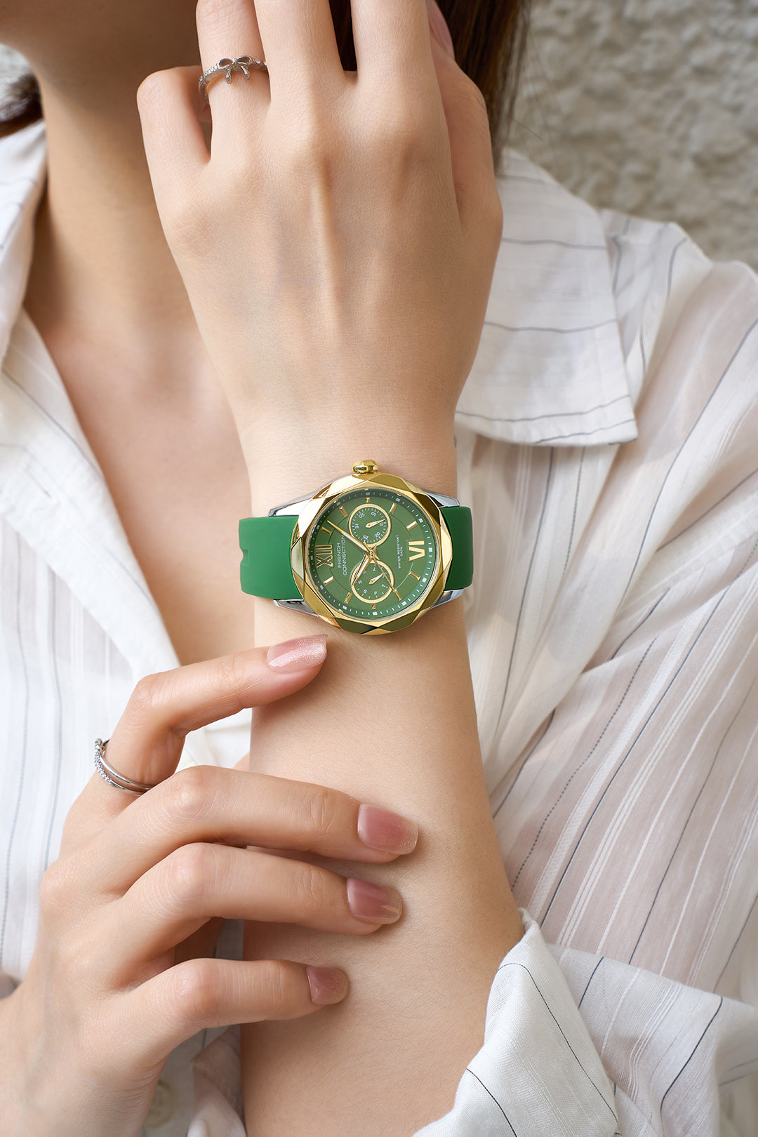 French Connection Octyra | Multi-Function | Green Dial | Green Silicone Strap | Watch for Women - FCD6N