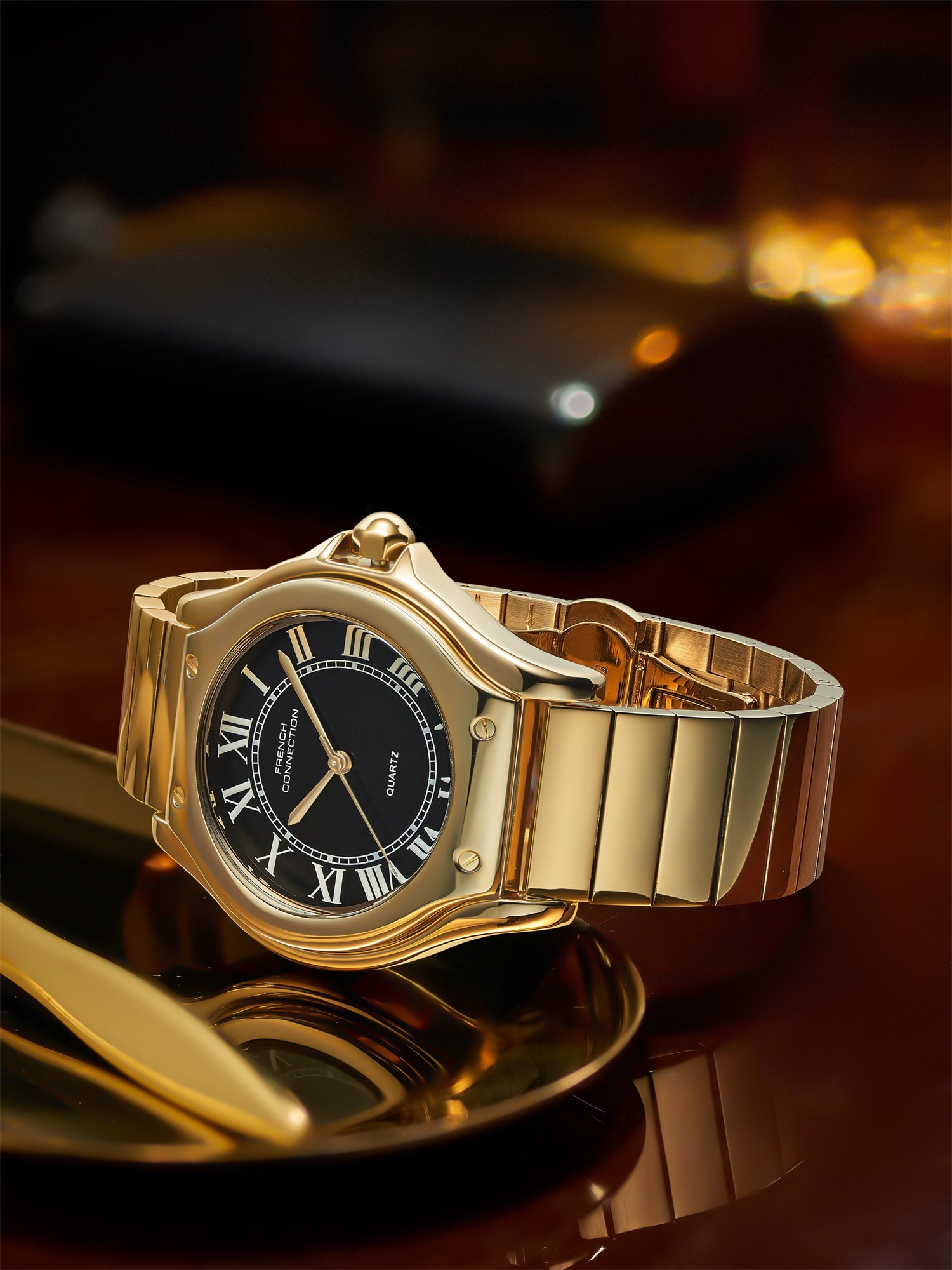 French Connection Visage | Molded Case | Black Dial with Roman Indices | Gold Stainless Steel Strap | Watch for Men - FCD7BGM