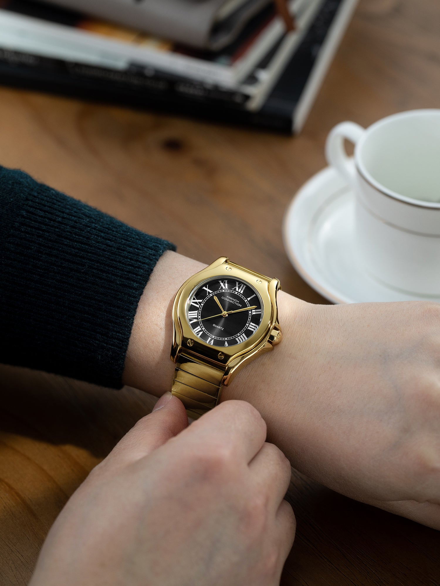 French Connection Visage | Molded Case | Black Dial with Roman Indices | Gold Stainless Steel Strap | Watch for Men - FCD7BGM