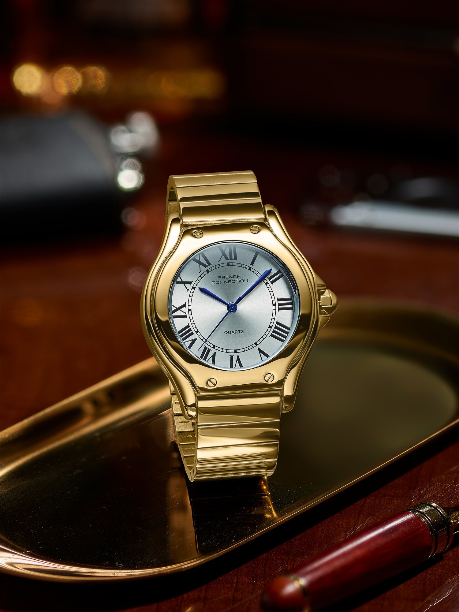 French Connection Visage | Molded Case | White Dial with Roman Indices | Gold Stainless Steel Strap | Watch for Men - FCD7SGM