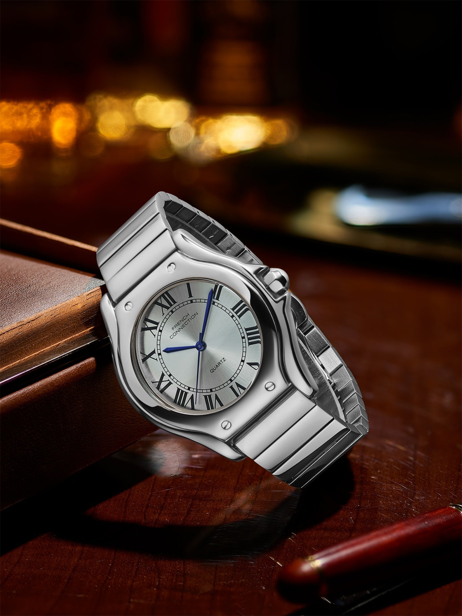 French Connection Visage | Molded Case | White Dial with Roman Indices | Silver Stainless Steel Strap | Watch for Men - FCD7SM