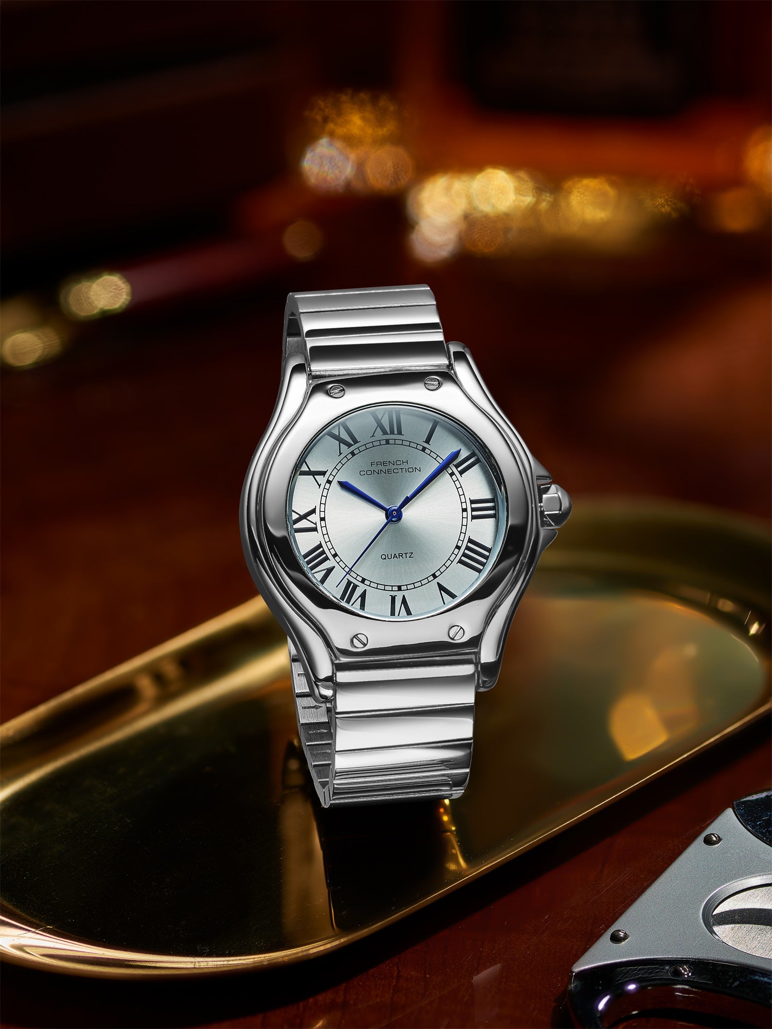 French Connection Visage | Molded Case | White Dial with Roman Indices | Silver Stainless Steel Strap | Watch for Men - FCD7SM