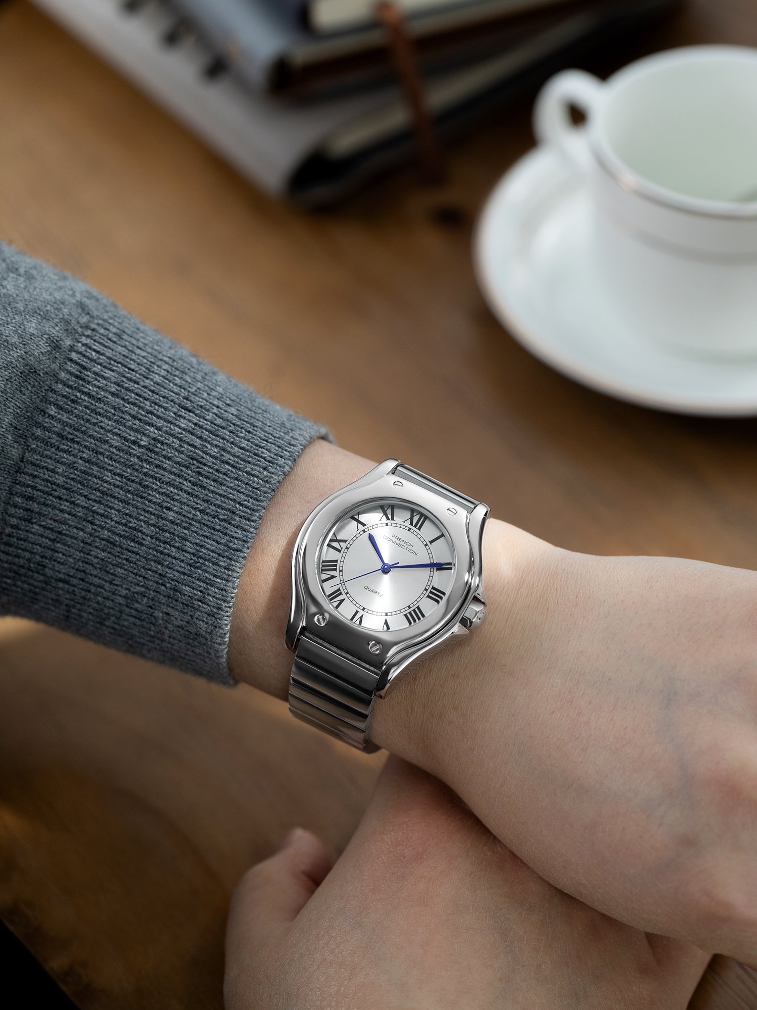 French Connection Visage | Molded Case | White Dial with Roman Indices | Silver Stainless Steel Strap | Watch for Men - FCD7SM