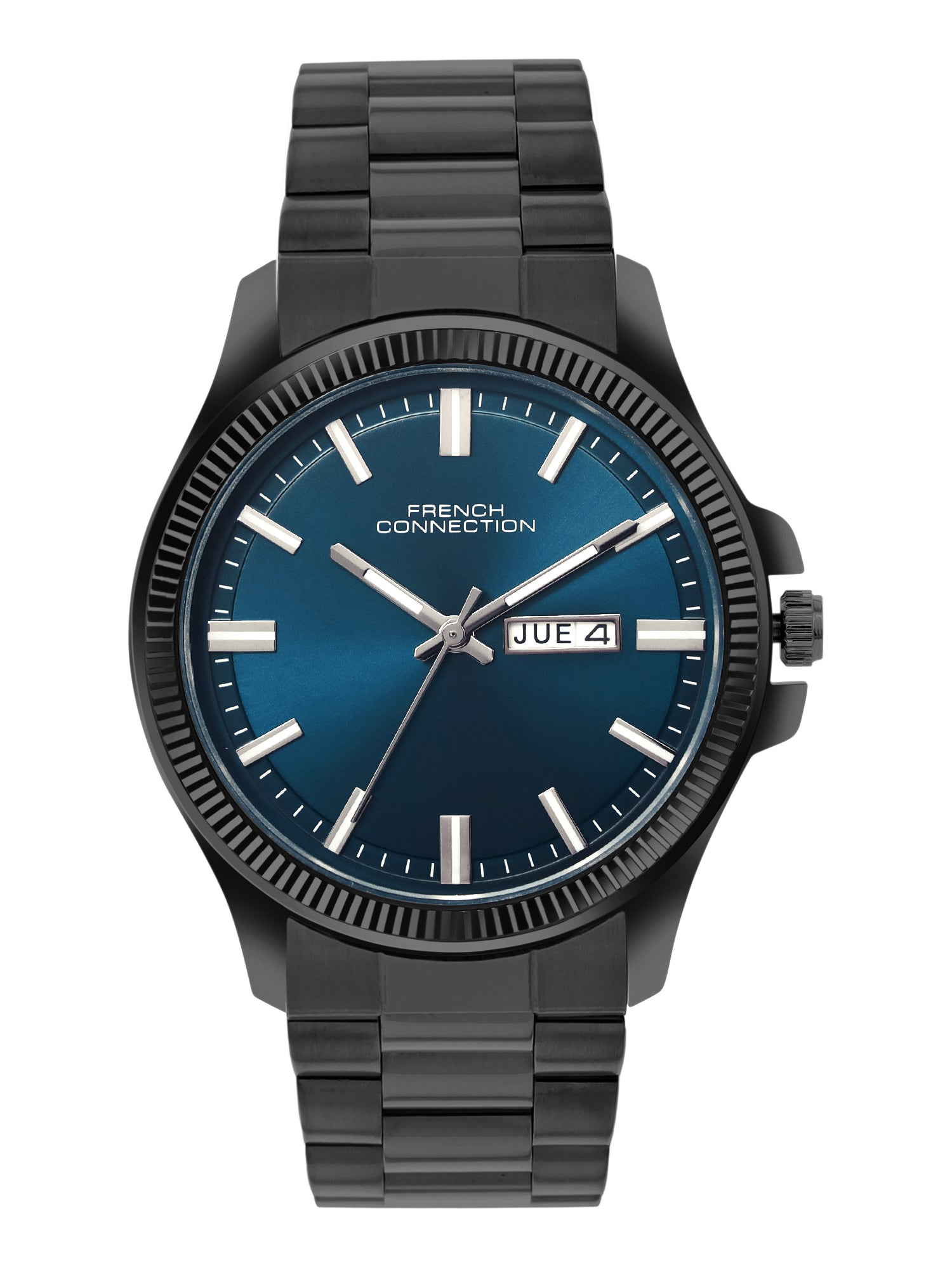 French Connection Men's Gift Set Watch with Blue Sunray Dial, Black Stainless Steel Bracelet & Matching Black Bracelet – FCGS01-A