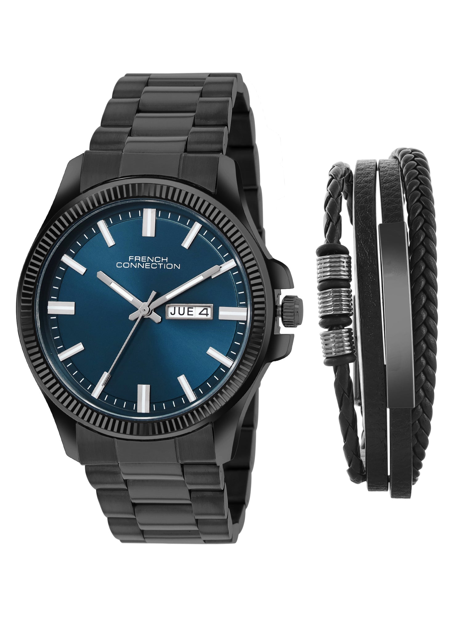 French Connection Men's Gift Set Watch with Blue Sunray Dial, Black Stainless Steel Bracelet & Matching Black Bracelet – FCGS01-A