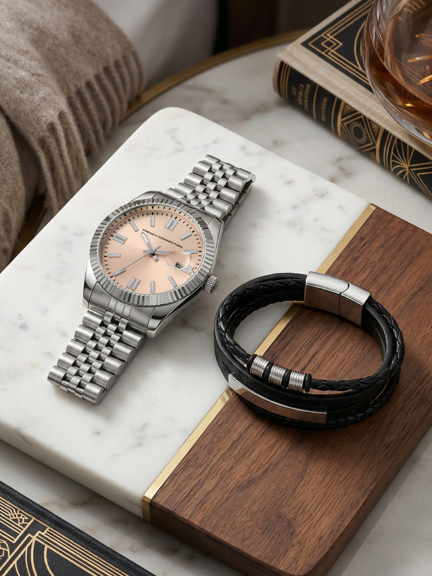 French Connection Men's Gift Set | Beige Sunray Analog Dial | Date Display | Silver Stainless Steel Strap & Bracelet Gift Set | Quartz Watch for Men - FCGS01-B