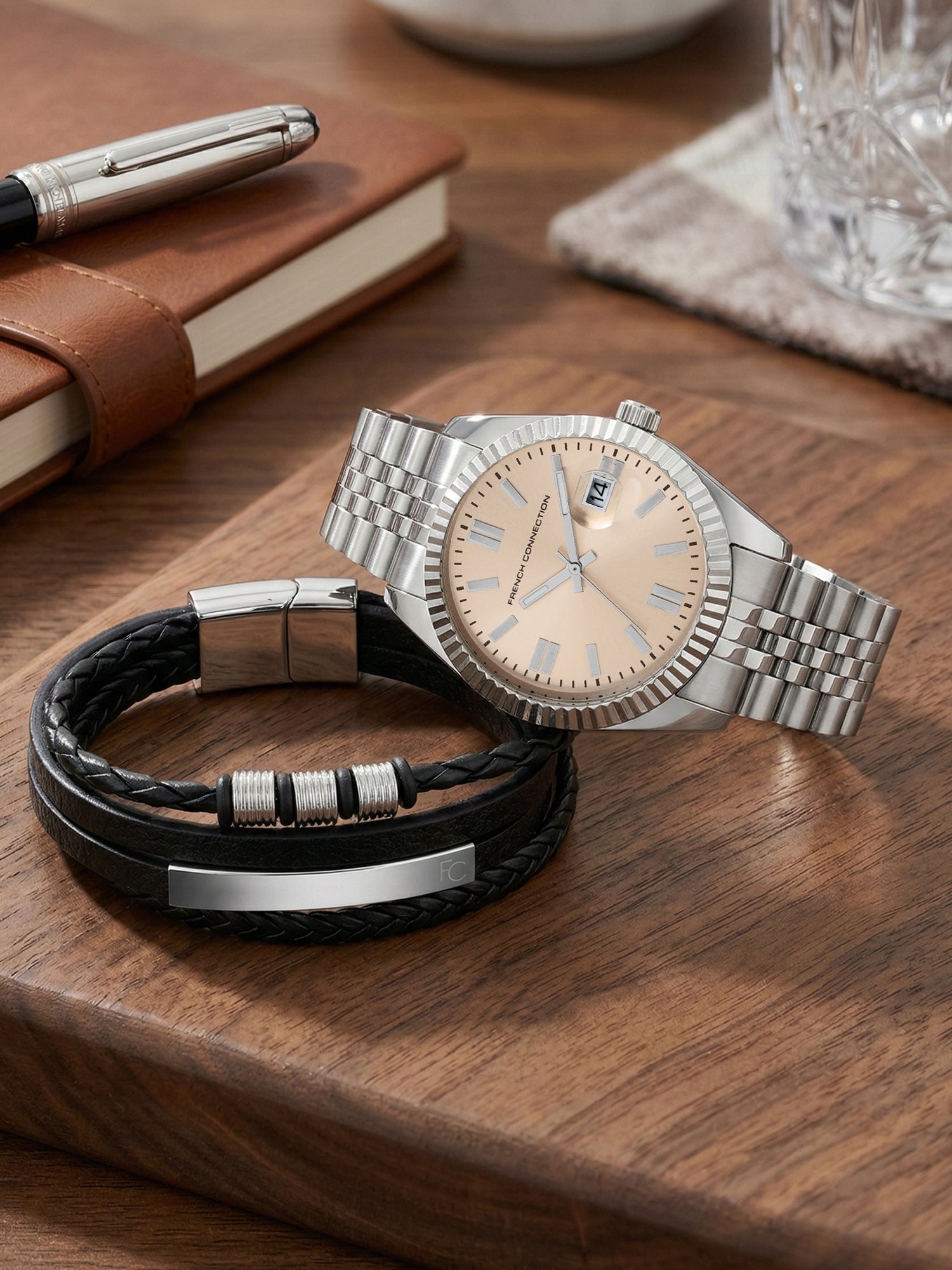 French Connection Men's Gift Set | Beige Sunray Analog Dial | Date Display | Silver Stainless Steel Strap & Bracelet Gift Set | Quartz Watch for Men - FCGS01-B