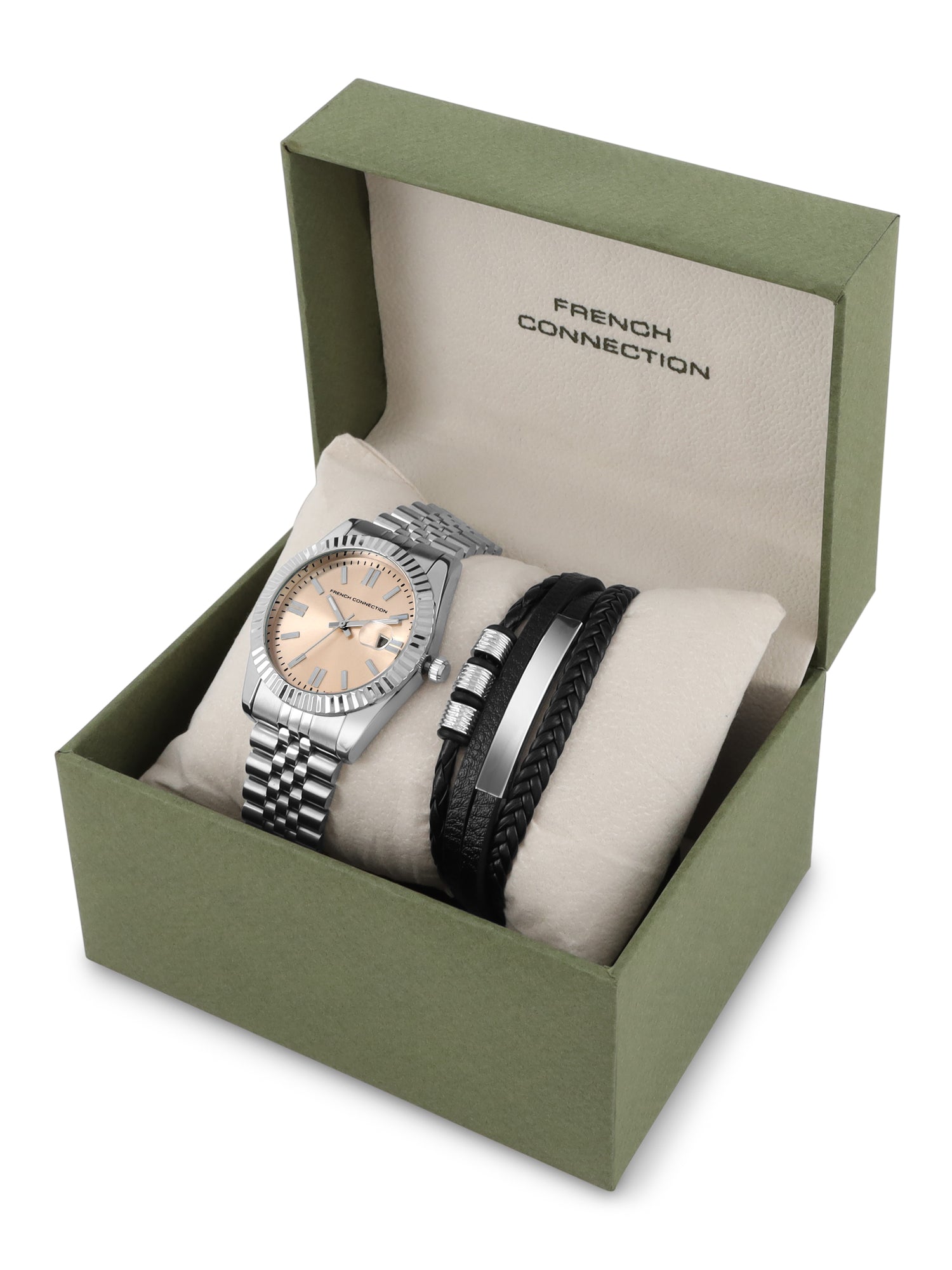 French Connection Men's Gift Set | Beige Sunray Analog Dial | Date Display | Silver Stainless Steel Strap & Bracelet Gift Set | Quartz Watch for Men - FCGS01-B