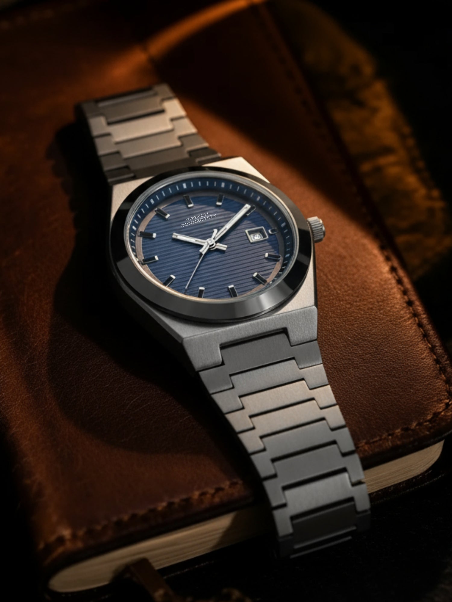 French Connection Textured Blue Round Dial With Stainless Steel Strap Watch - For Mens FCH22GNM