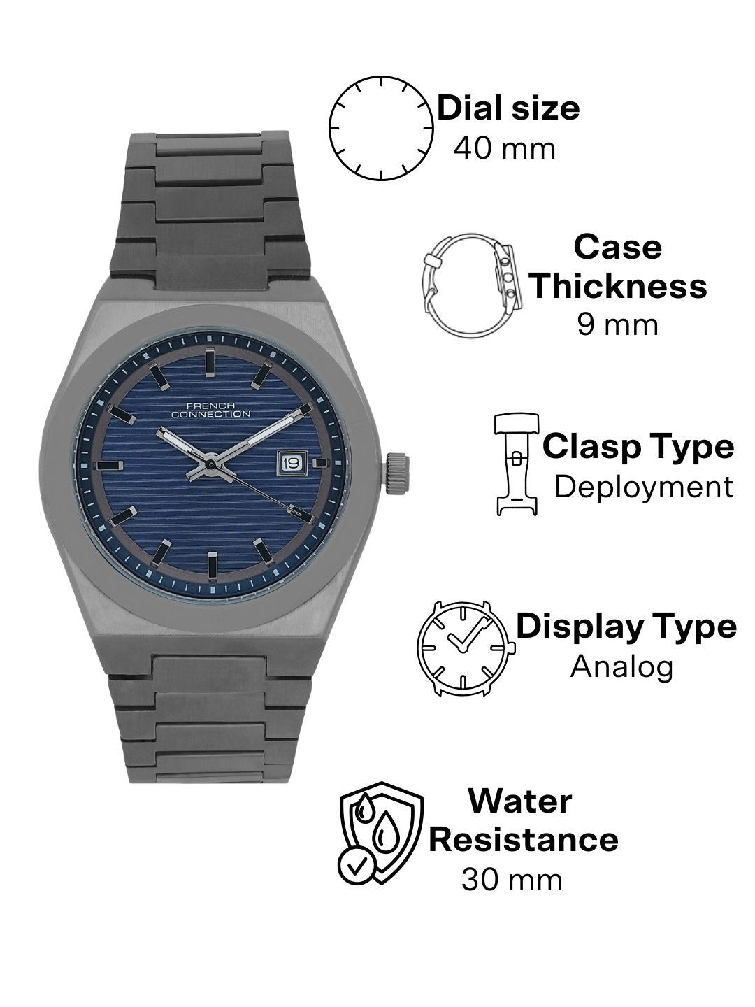 French Connection Textured Blue Round Dial With Stainless Steel Strap Watch - For Mens FCH22GNM