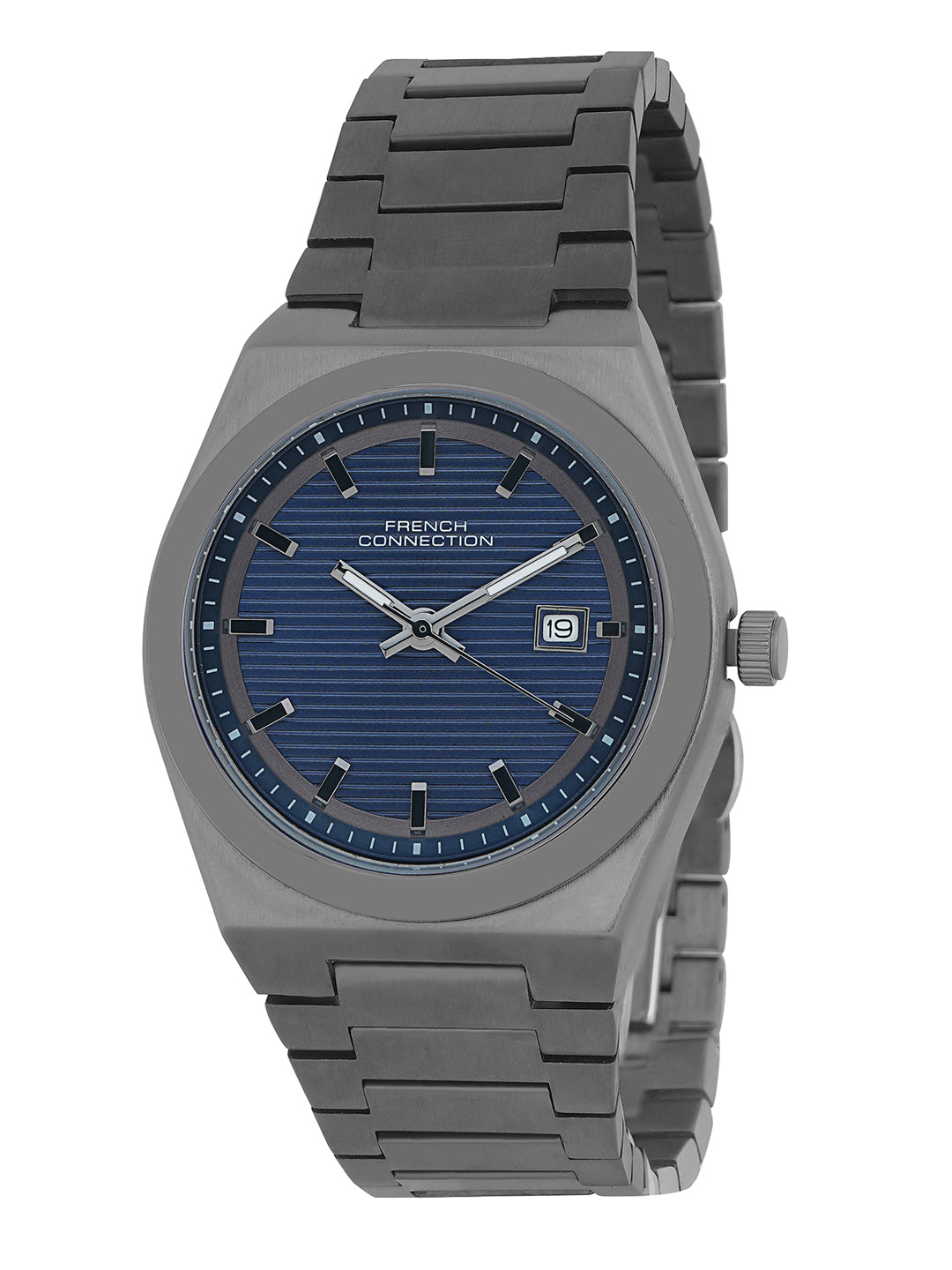 French Connection Textured Blue Round Dial With Stainless Steel Strap Watch - For Mens FCH22GNM