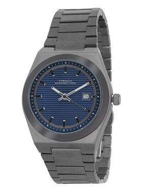 French Connection Textured Blue Round Dial With Stainless Steel Strap Watch - For Mens FCH22GNM