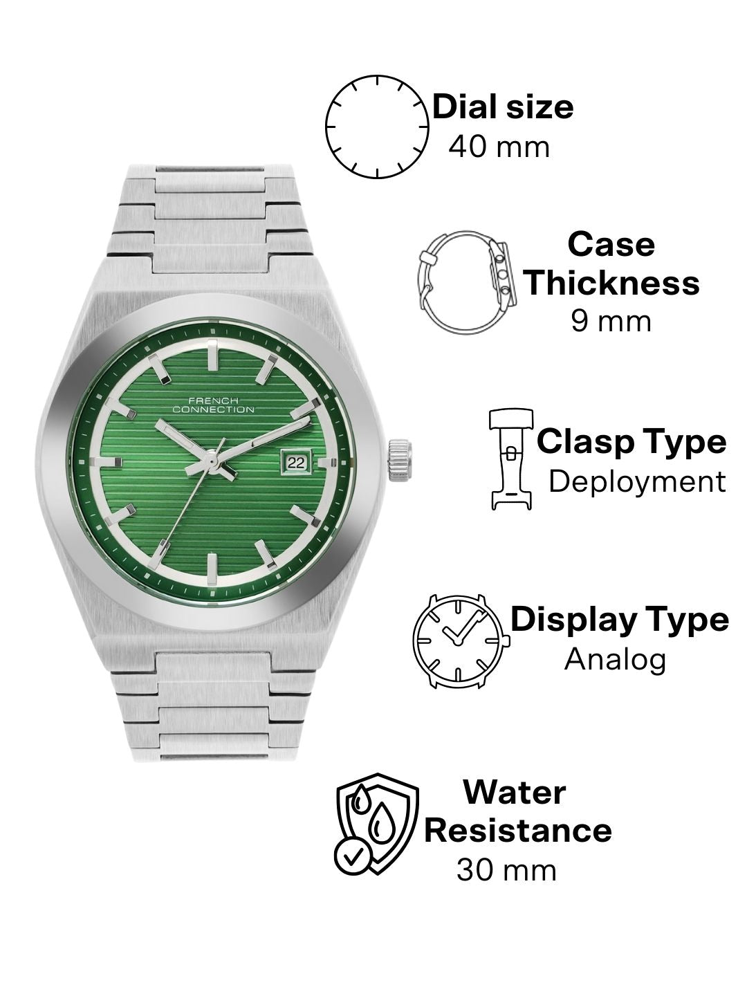 French Connection Textured Green Round Dial With Stainless Steel Strap Watch - For Mens FCH22NSM