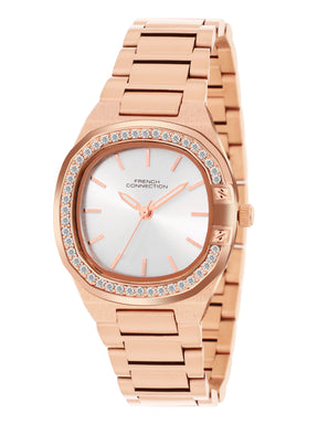 French Connection Sunray Silver Round Dial With Rose Stainless Steel  Strap Watch - For Womens FCH23RGM