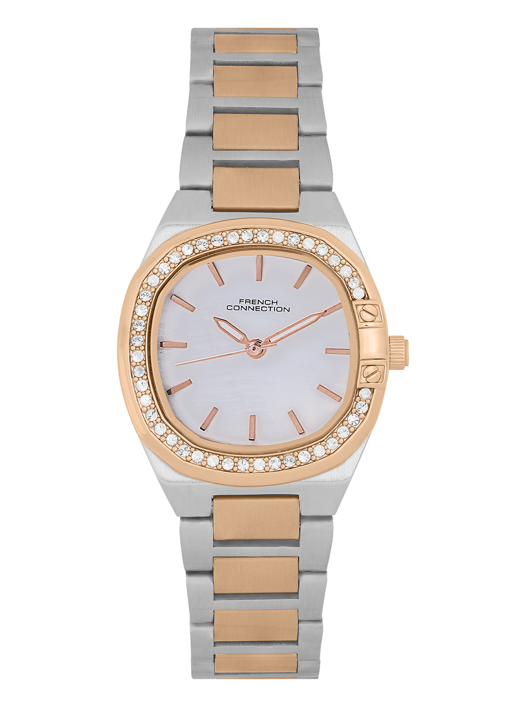 French Connection Mop White Round Dial With Rose Two Tone Stainless Steel  Strap Watch - For Womens FCH23RTM