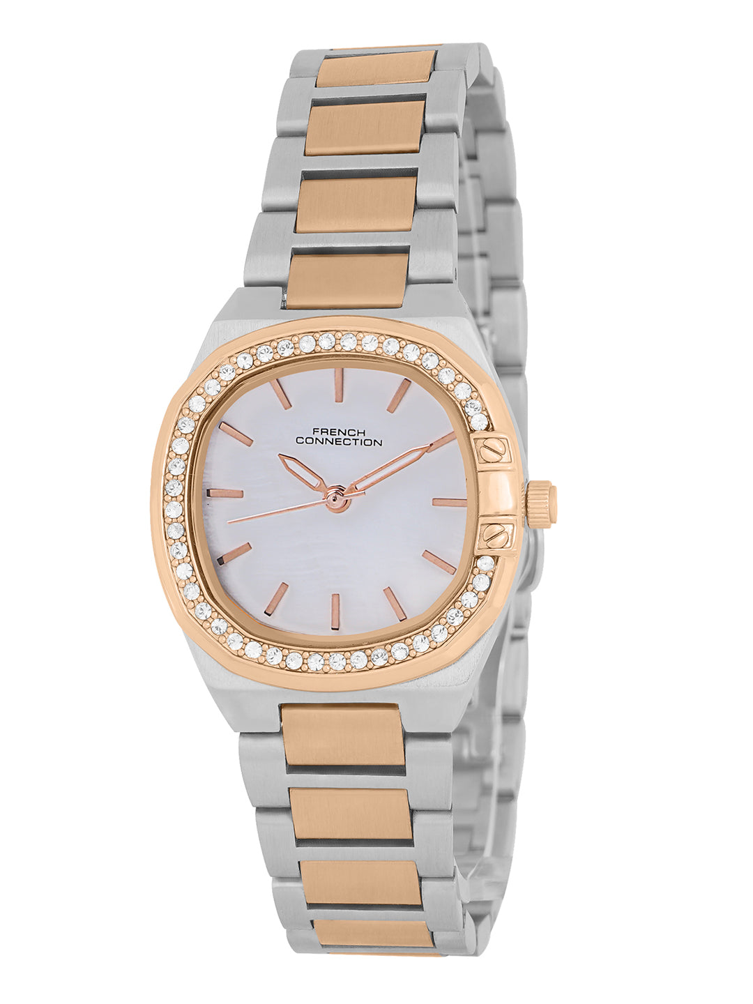 French Connection Mop White Round Dial With Rose Two Tone Stainless Steel  Strap Watch - For Womens FCH23RTM