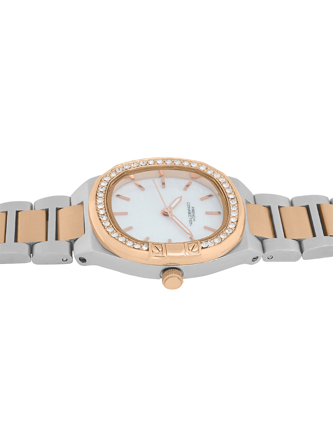 French Connection Mop White Round Dial With Rose Two Tone Stainless Steel  Strap Watch - For Womens FCH23RTM