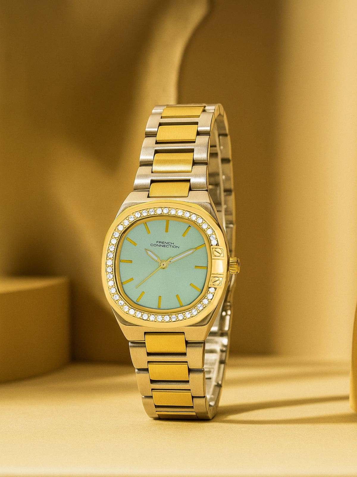 French Connection Sunray Green Round Dial With Gold Two Tone Stainless Steel  Strap Watch - For Womens FCH23TM