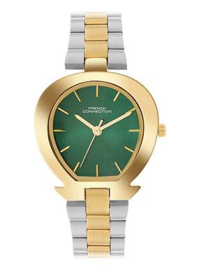 French Connection Sunray Green Round Dial With Gold Two Tone Stainless Steel  Strap Watch - For Womens FCH24NTM