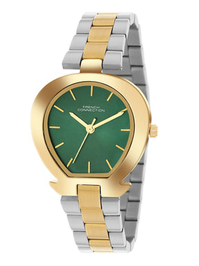 French Connection Sunray Green Round Dial With Gold Two Tone Stainless Steel  Strap Watch - For Womens FCH24NTM