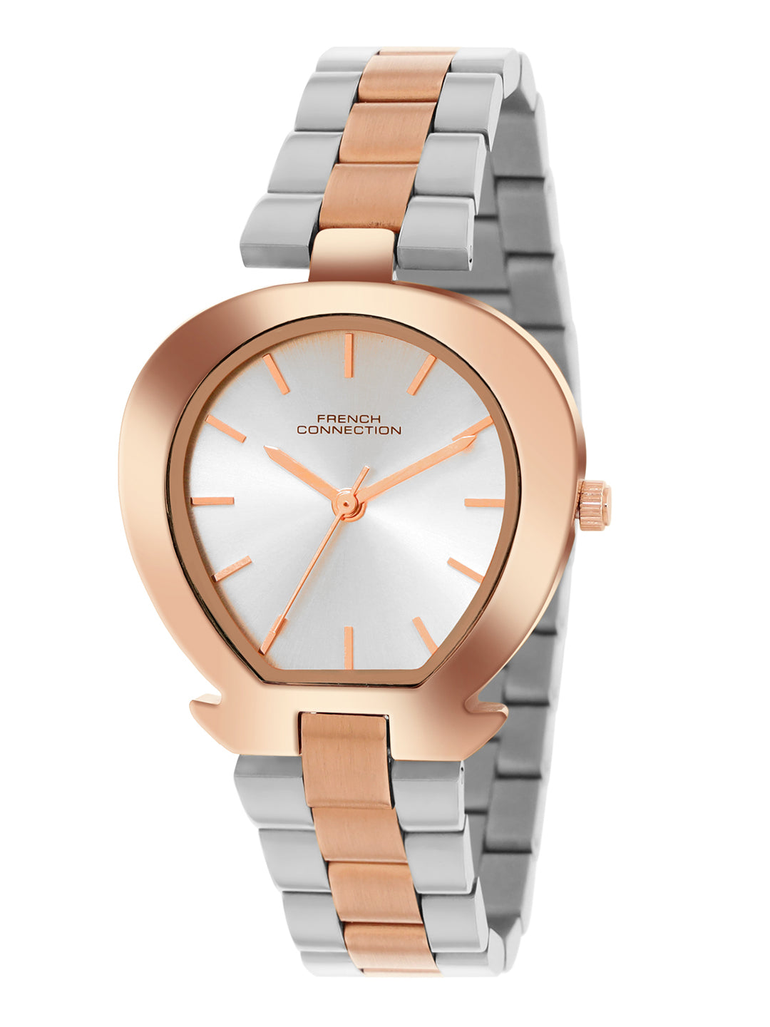 French Connection Sunray Silver Round Dial With Rose Two Tone Stainless Steel  Strap Watch - For Womens FCH24SRTM