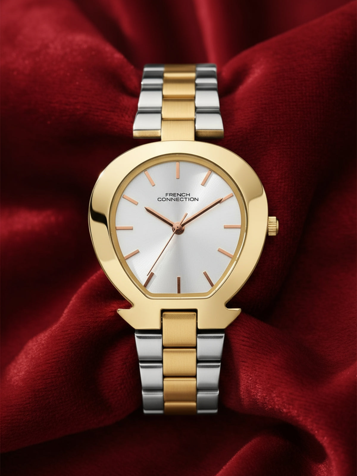 French Connection Sunray Silver Round Dial With Gold Two Tone Stainless Steel Strap Watch - For Womens FCH24TM