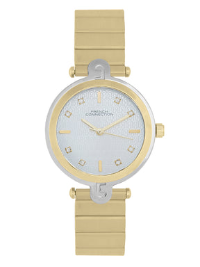 French Connection Textured Silver Round Dial With  Gold Stainless Steel  Strap Watch - For Womens FCH25GM