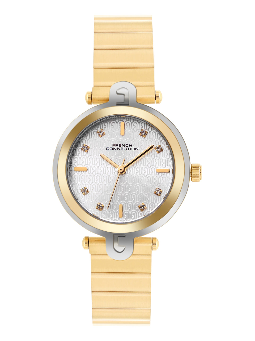 French Connection Textured Silver Round Dial With  Gold Stainless Steel  Strap Watch - For Womens FCH25GM