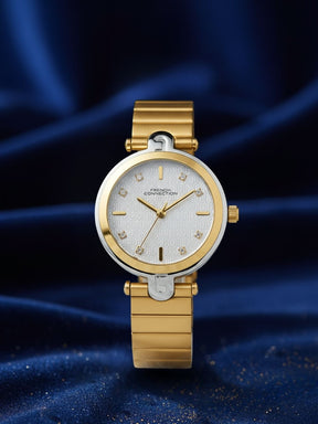 French Connection Textured Silver Round Dial With  Gold Stainless Steel  Strap Watch - For Womens FCH25GM
