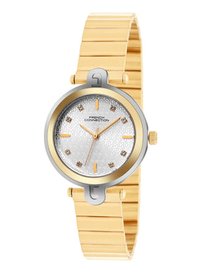 French Connection Textured Silver Round Dial With  Gold Stainless Steel  Strap Watch - For Womens FCH25GM