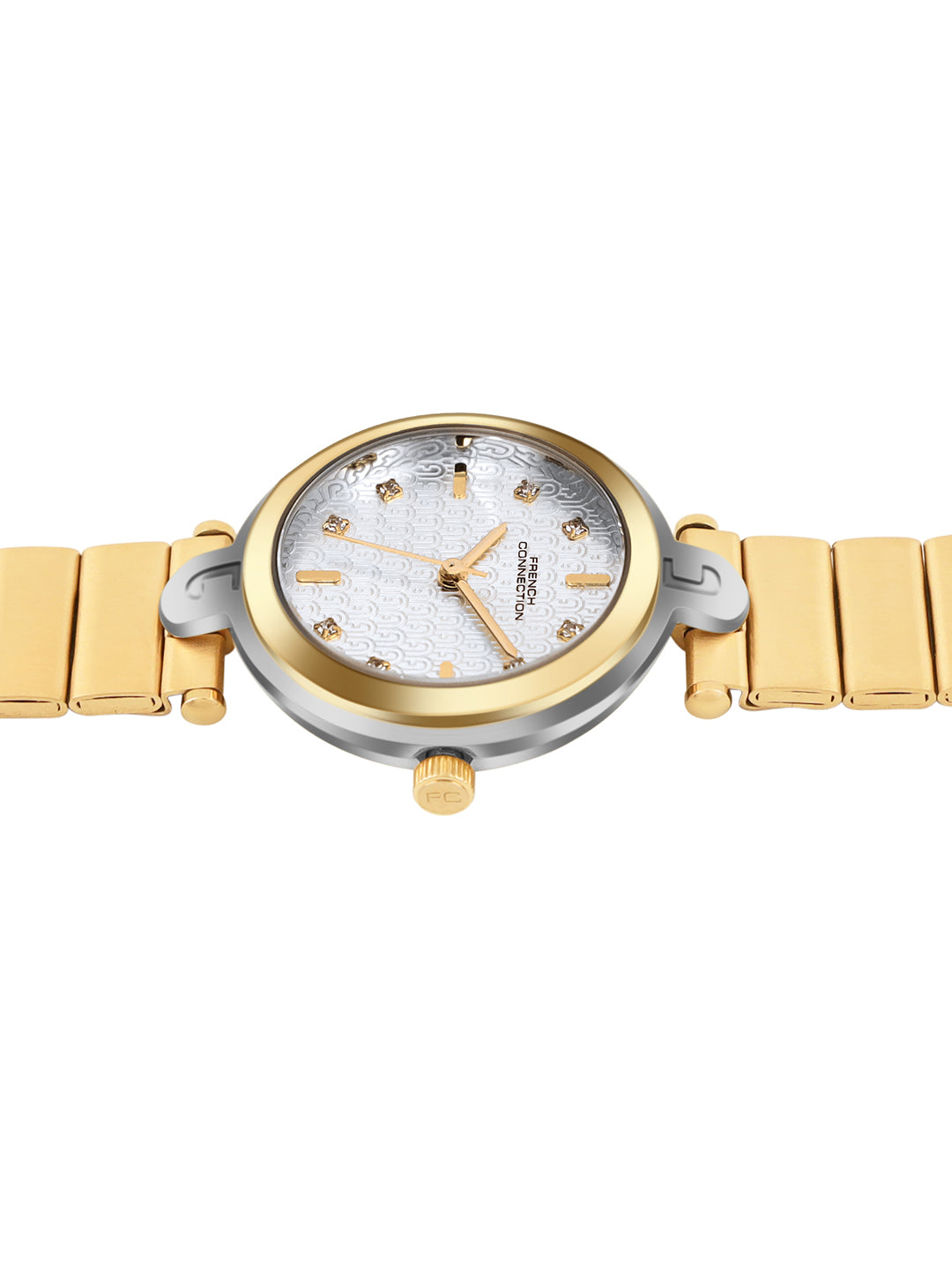 French Connection Textured Silver Round Dial With  Gold Stainless Steel  Strap Watch - For Womens FCH25GM