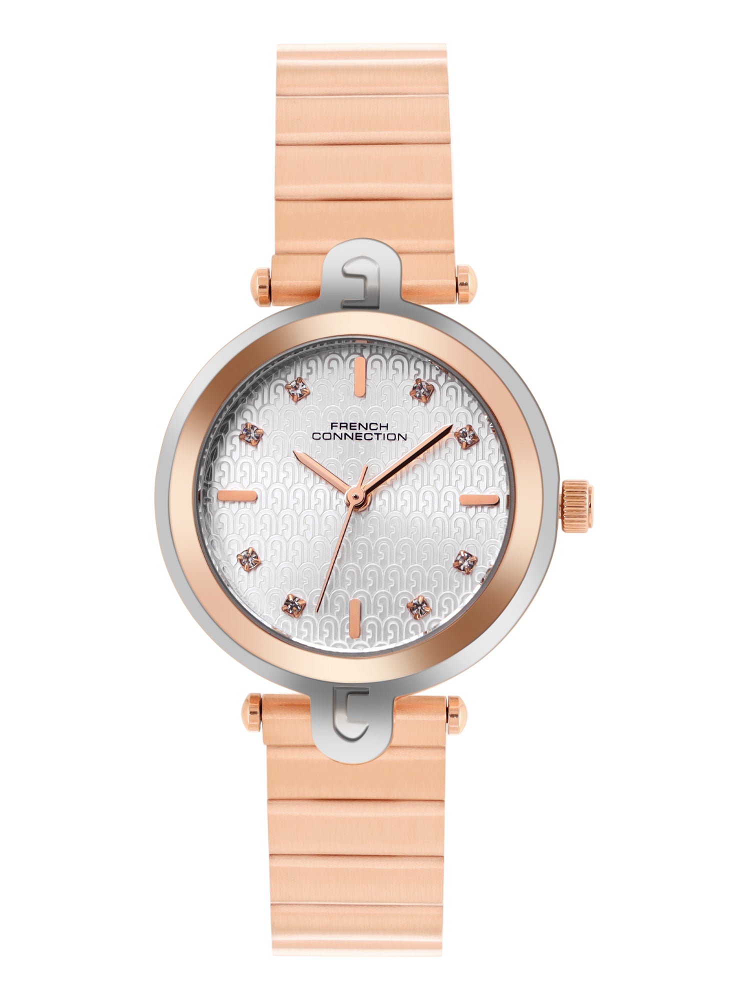 French Connection Textured Silver Round Dial With Rose Stainless Steel  Strap Watch - For Womens FCH25RGM