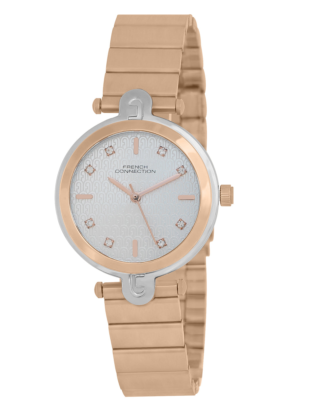 French Connection Textured Silver Round Dial With Rose Stainless Steel  Strap Watch - For Womens FCH25RGM
