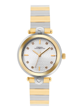 French Connection Textured Silver Round Dial With Gold Two Tone Stainless Steel  Strap Watch - For Womens FCH25TM