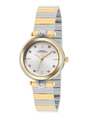 French Connection Textured Silver Round Dial With Gold Two Tone Stainless Steel  Strap Watch - For Womens FCH25TM