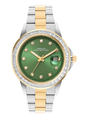French Connection Sunray Green Round Dial With Gold Two Tone Stainless Steel  Strap Watch - For Womens FCH26NTM