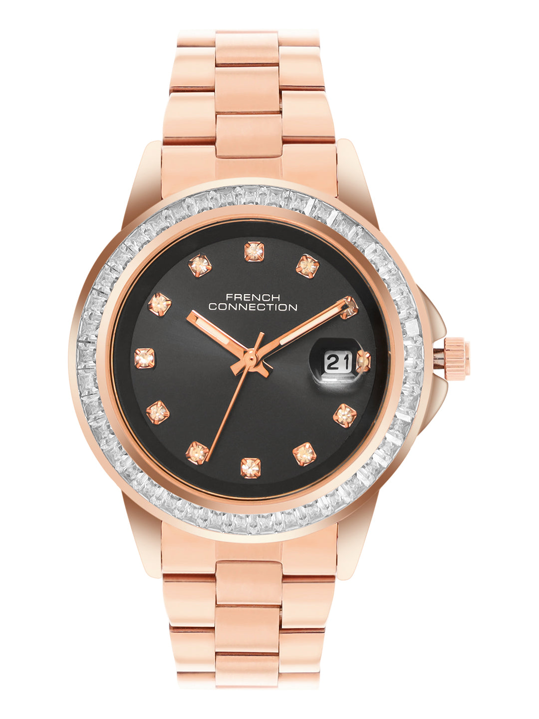 French Connection Sunray Black Round Dial With Rose Stainless Steel  Strap Watch - For Womens FCH26RGM