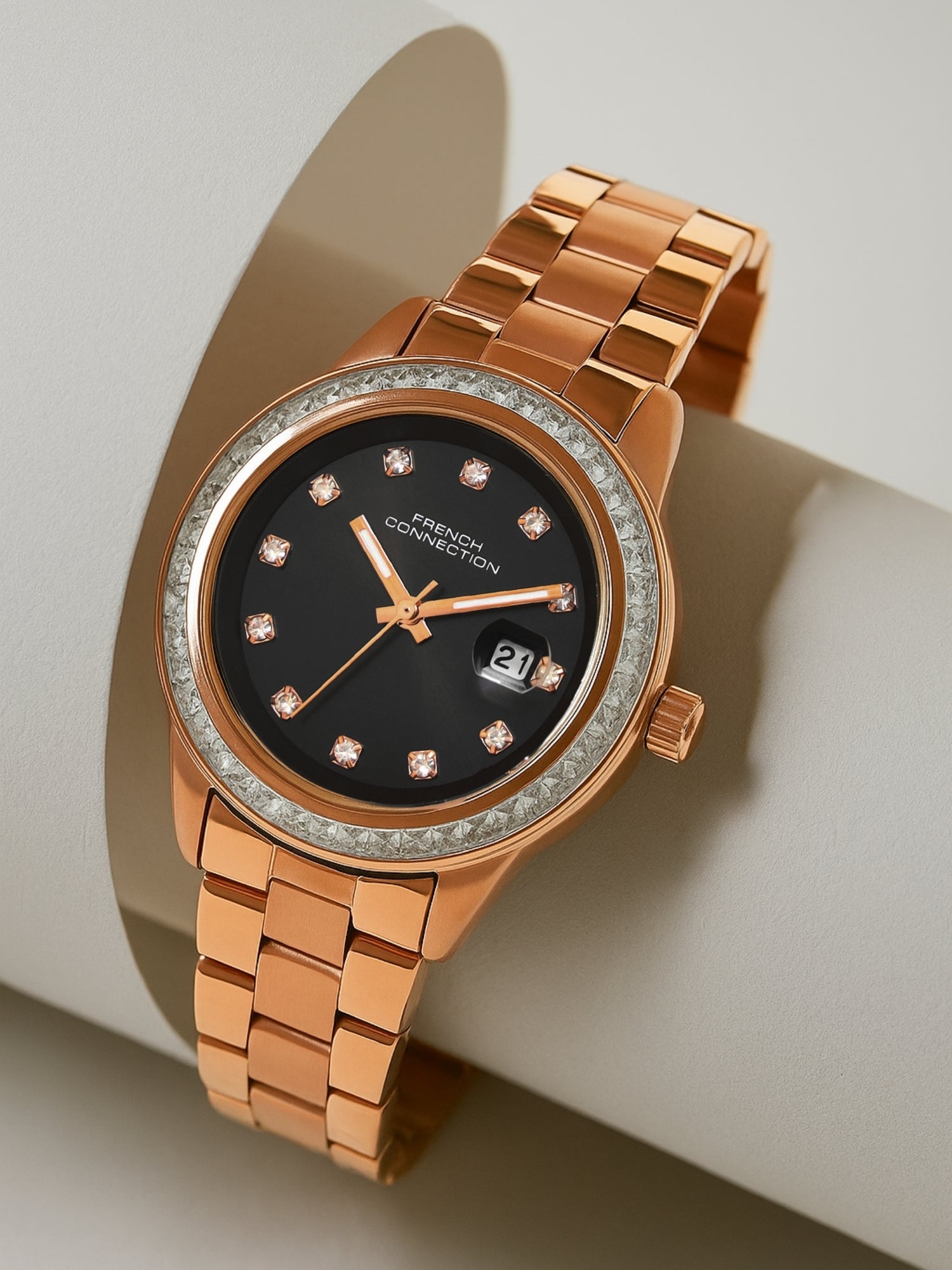 French Connection Sunray Black Round Dial With Rose Stainless Steel  Strap Watch - For Womens FCH26RGM