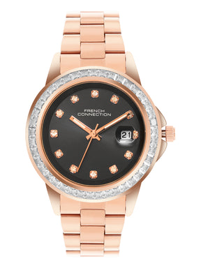 French Connection Sunray Black Round Dial With Rose Stainless Steel  Strap Watch - For Womens FCH26RGM