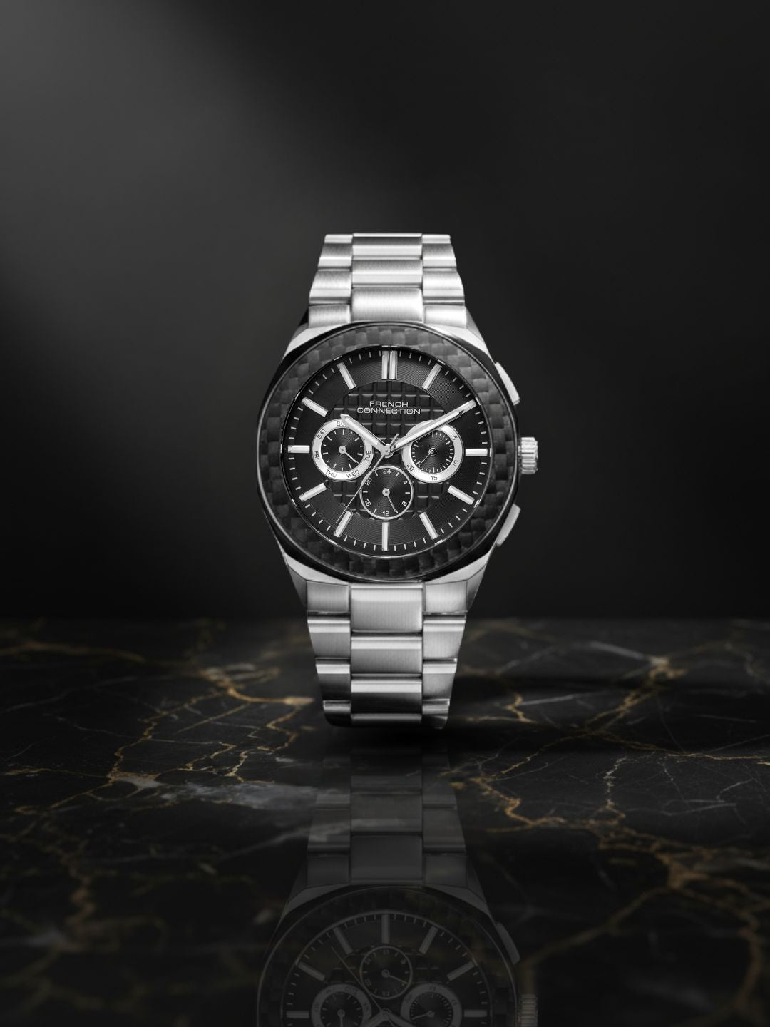 French Connection Textured Black Round Dial With Stainless Steel Multifunction Watch - For Mens FCH27BSM