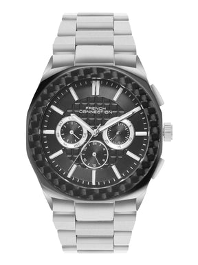French Connection Textured Black Round Dial With Stainless Steel Multifunction Watch - For Mens FCH27BSM